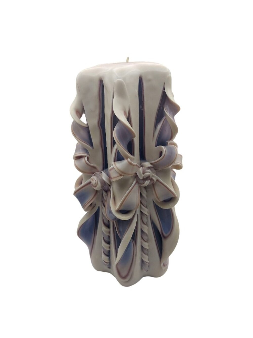 Hand Carved Wax Pillar Candle Ribbon & Bow Layered Sculpted Purple Cream Vintage